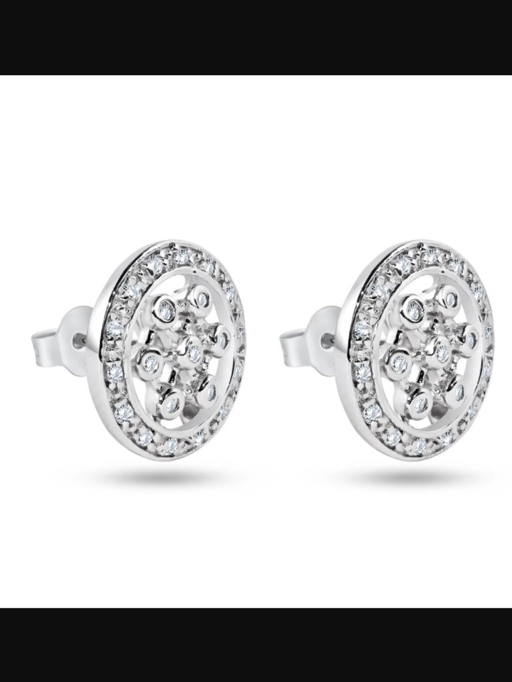 Sterling Silver 925 Rhodium Plated Round Helm Wheel CZ Stud Earrings
